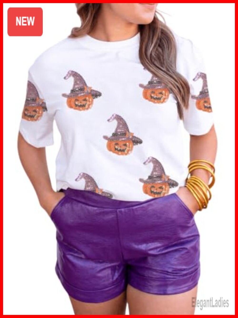 Women's Sequin Pumpkin Halloween T-Shirt
